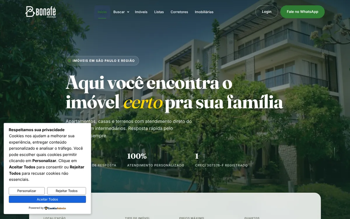 Página inicial do site Bonafé Imóveis com busca de imóveis